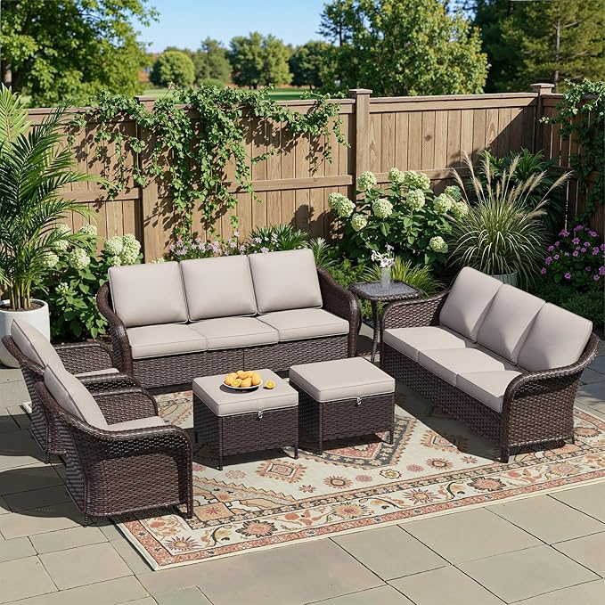 7 Piece Patio Wicker Conversation Set, 2 All-Weather Use Outdoor Wicker Sofa with 2 PE Rattan Ottomans, 2 Chair - Photo 1