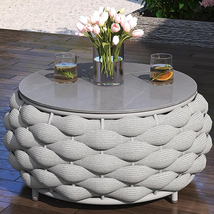 TWT Outdoor Coffee Table Round Centerpiece Table, Lightweight Accent Table with Hand Woven Rope Decor for Garden and Patio(Polyester Rope, Light Grey)