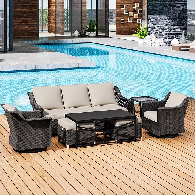 7 Pieces Outdoor Conversation Furniture Set - 77" Patio Sofa, 2 Swivel Rocker Chairs, 2 Ottomans, 1 Side Table - Photo 6