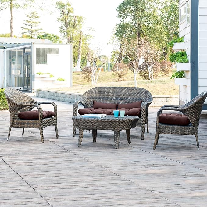QILLOWAY Outdoor Patio Wicker Seat Cushions Group Loveseat/Two U-Shape/Two Lumbar Pillows for Patio Furniture,Wicker Loveseat,Bench,Porch,All Weather, Settee of 5 (Coffee/Brown/Chocolate)