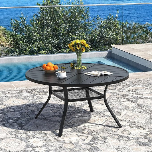 DIFY 47.2" Round Outdoor Patio Dining Table for 6, Metal Patio Table with 1.57" Adjustable Umbrella Hole, All-Weather Outdoor Furniture Table for Garden Backyard Deck, Black