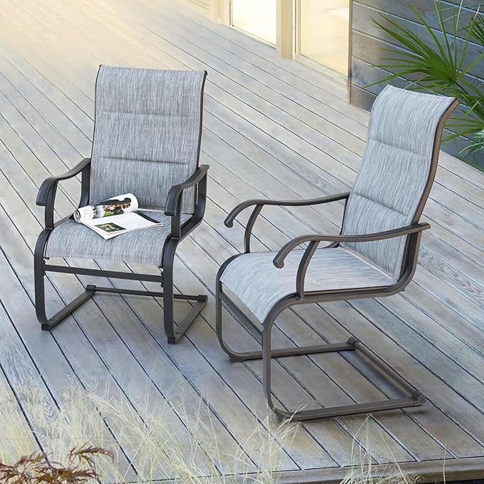 NUU GARDEN Set of 2 Patio Dining Chairs All Weather Outdoor Padded Textilene Chairs with High Back and Spring Motion Design Breathable Outdoor Dining Chairs for Deck Lawn Backyard Grey