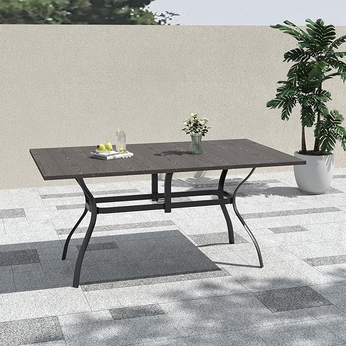 Wood-Like Embossing Rectangle Outdoor Patio Dining Table with Adjustable Umbrella Hole for 6 Person - 63" x 38" x 28"