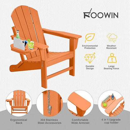 FOOWIN Folding Adirondack Chair Set of 2, HDPE Adirondack Chairs with Cup Holder, Weather Resistant Plastic Fire Pit Chairs for Outdoor, Patio, Lawn, Garden, Backyard, Deck, Orange