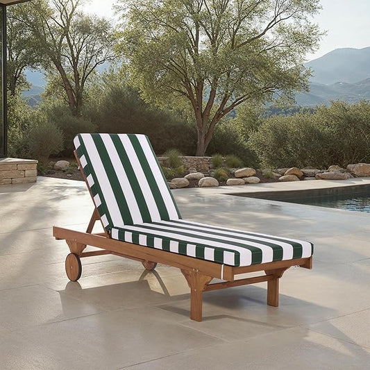 SAFAVIEH Outdoor Patio Furniture Collection - Newport Natural Solid Wood Chaise Lounge Chair with Green Stripe Cushion, Adjustable Backrest (PAT7316H)