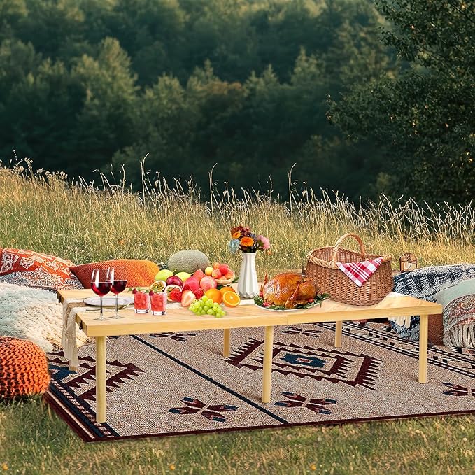 Folding Picnic Table with Table Runner, Portable Boho Low Picnic Table for Indoor Outdoor - Photo 2