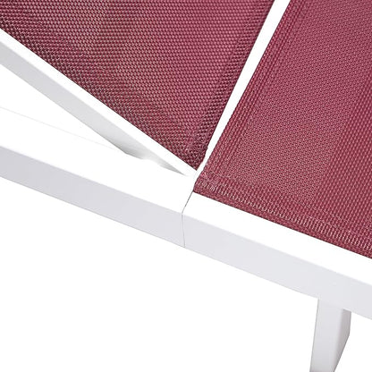 LeisureMod Marlin Aluminum Outdoor Chaise Lounge Chair (Set of 2) - Mesh Sling Fabric Seat White Aluminum Frame Beach, Pool Lounge Chair for Modern Patio Lawn, Garden and Backyard (Burgundy)