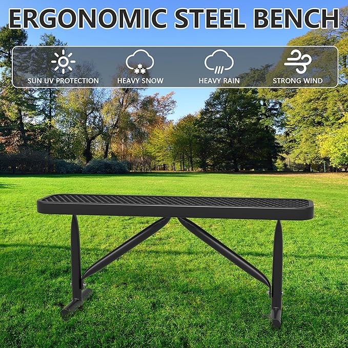 4ft Outdoor Metal Park Bench, 48" Backless Heavy-Duty Commercial Black Garden Bench with Expanded Steel Mesh Seat, Weatherproof Park Patio Dining Table Bench for Backyard Lawn School Porch Deck