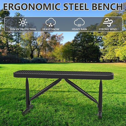 4ft Outdoor Metal Park Bench, 48" Backless Heavy-Duty Commercial Black Garden Bench with Expanded Steel Mesh Seat, Weatherproof Park Patio Dining Table Bench for Backyard Lawn School Porch Deck