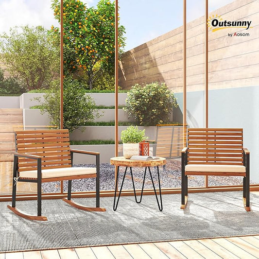 Outsunny Outdoor Rocking Chair Set of 2, Acacia Wood Outdoor Rockers with Armrests, Cushion, Patio Wooden Rocking Chair Set for Garden, Balcony, Porch, 353 lbs. Capacity, Cream White