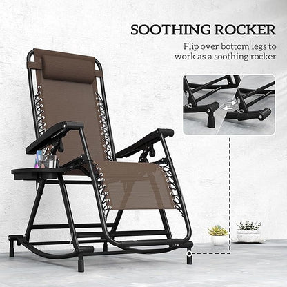 Outsunny Outdoor Rocking Chairs, Foldable Reclining Zero Gravity Lounge Rocker with Pillow, Cup & Phone Holder, Combo Design with Folding Legs, Brown
