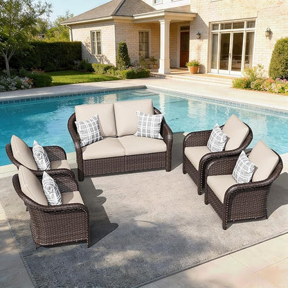 5 PCS Outdoor Conversation Set | 55" Couch, 4 Chairs, Patio Wicker Conversation Furniture with Removable Cushions for Bistro, Deck, Sunroom (Beige)