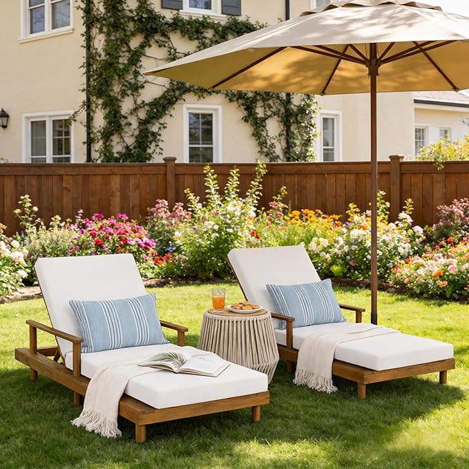 Merax Acacia Wood Outdoor Chaise Lounge Chair with 3-Position Adjustable Back & 4" Thick Removable Cream Cushion, 400lbs Capacity, Modern Large Patio Sun Lounger for Patio Garden Pool