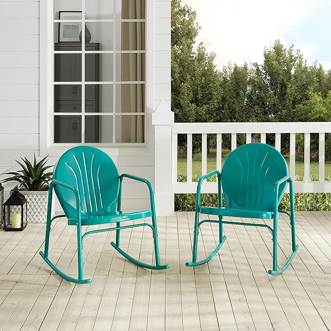 Crosley Furniture Griffith Retro Metal Outdoor Rocking Chairs, Set of 2, for Porch, Deck, Balcony, Backyard, Turquoise Gloss
