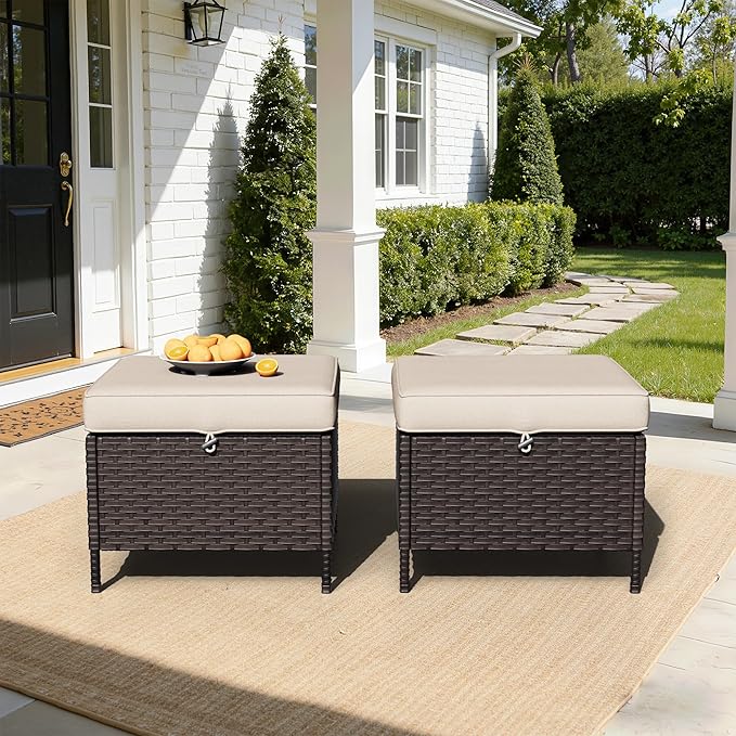 Outdoor Ottomans with Weather-Resistant Cushions, PE Rattan Patio Conversation Set for Backyard, Deck, Porch - Photo 4