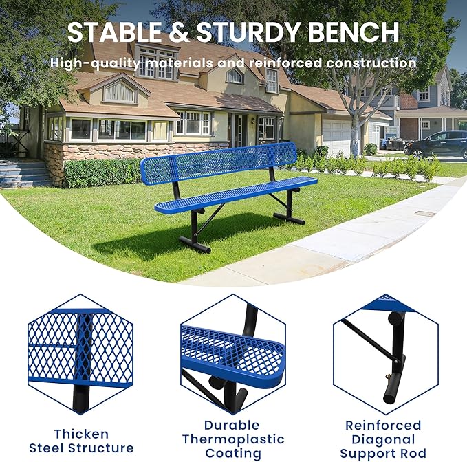 8FT Heavy Duty Park Bench with Back Portable Frame, Outdoor Steel Bench with Backrest, Outdoor Park Bench Expanded Metal Mesh Bench for Lawn, Park, Deck, Garden, Patio, Porch, Black (Blue, 8FT)