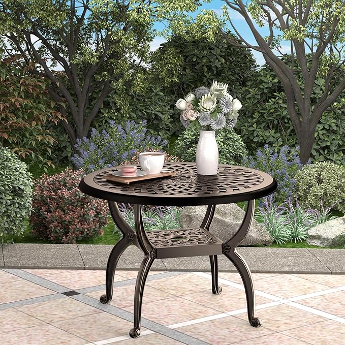 Round Outdoor Coffee Table, Cast Aluminum Side Table with Storage,Indoor End Table, All-Weather Bistro Table for Patio Garden Lawn,Bronze