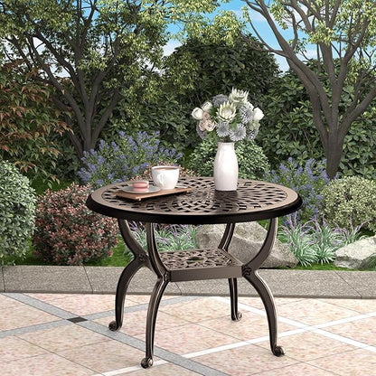 Round Outdoor Coffee Table, Cast Aluminum Side Table with Storage,Indoor End Table, All-Weather Bistro Table for Patio Garden Lawn,Bronze