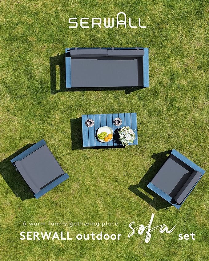 SERWALL 2 Pieces Single Cushioned Lounge Chair, Blue HDPE Outdoor Adirondack Sofa Armchair with Grey Cushion - Photo 7