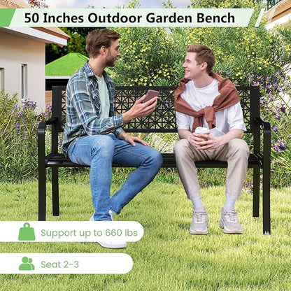 Tangkula Metal Outdoor Park Bench, 50 Inches Patio Garden Bench with Patterned Backrest and Curved Armrests, 2-3-Person Patio Bench, Outdoor Metal Loveseat Chair for Porch, Lawn, Yard and Park