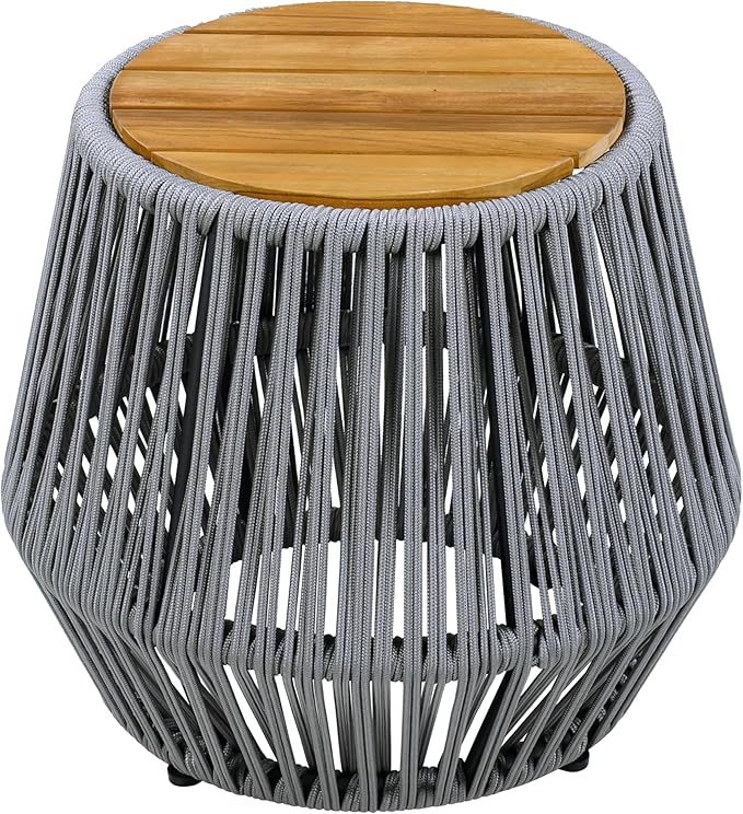 Merax Bohemian Round Outdoor Side Table with Acacia Wood Top and Grey Handwoven Rope Base, Boho Patio Coffee Table for Garden, Pool, Deck, Balcony, Yard