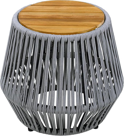 Merax Bohemian Round Outdoor Side Table with Acacia Wood Top and Grey Handwoven Rope Base, Boho Patio Coffee Table for Garden, Pool, Deck, Balcony, Yard