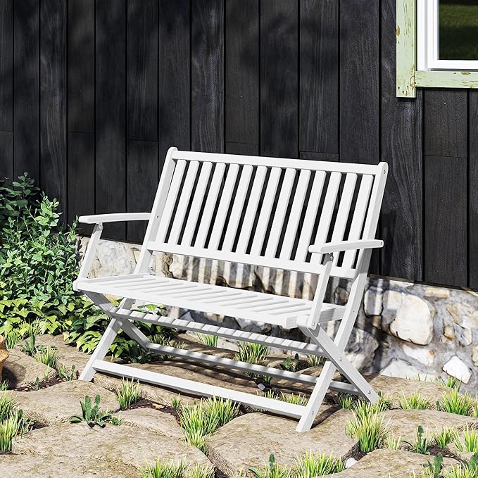Outsunny Wood Outdoor Bench, 2-Person Foldable Patio Acacia Wood Garden Bench with Backrest and Armrests for Garden, Porch, Park, Balcony, White