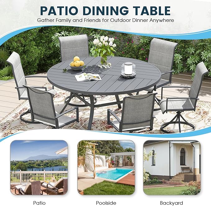 Patio Dining Table for 6-8, Round Metal Outdoor Table with Storage Shelf, 1.57" Umbrella Hole, 53" Outdoor Quartered Tabletop Dining Table for Backyard, Porch, Lawn, Dark Grey
