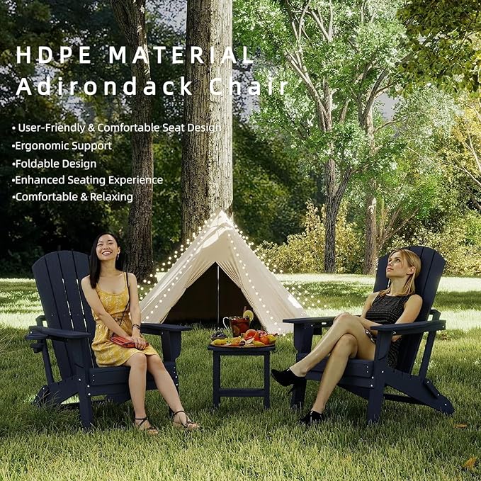 Folding Adirondack Chair Set of 4，Wooden Textured Fire Pit Chair with Cup Holder, Heavy All-Weather HDPE Plastic Outdoor Patio Chairs for Poolside Backyard Patio Outdoor Garden