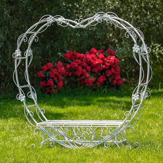 Zaer Ltd. 6.8 Ft. Tall Heart-Shaped Iron Bench Amore (Antique White)