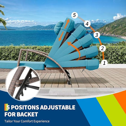 GarveeLife 2-Piece Rattan Patio Folding Chaise Lounge, 5-Position Adjustable Backrest Outdoor Lounge Chair with Cushion and Pillow for Poolside, Backyard, Deck, Porch, Peacock Blue