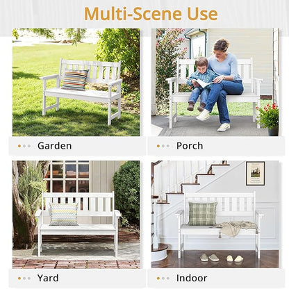 LUE BONA Outdoor Bench, 2-Person HDPS Garden Bench, Outdoor Benches Weatherproof, All-Weather Fade/Rot Resistant Patio Bench for Park, Front Porch, Backyard (White)