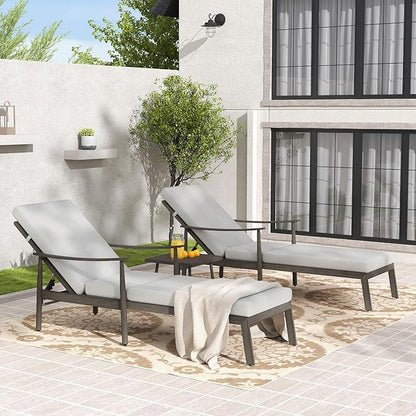 Outdoor Lounge Chair with Armrest, Patio Aluminum Chaise Lounge Set of 3, Adjustable Backrest with Rope Design, Patio Recliner Chairs Cushions for Lawn Pool Beach (Grey)