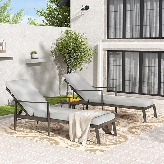 Outdoor Lounge Chair with Armrest, Patio Aluminum Chaise Lounge Set of 3, Adjustable Backrest with Rope Design, Patio Recliner Chairs Cushions for Lawn Pool Beach (Grey)