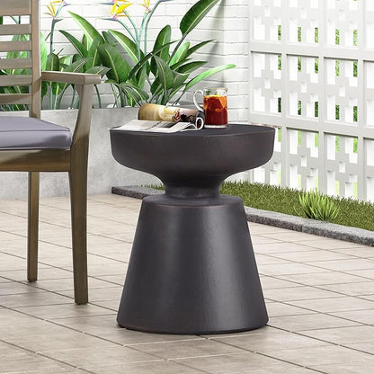Outdoor Concrete Side Table Faux Stone End Table, Round Outdoor Accent Tables, Garden Stool Plant Stand for Porch, Backyard Patio Black