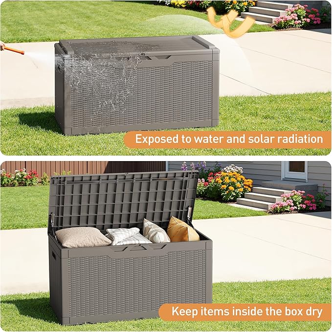 Greesum 100 Gallon Resin Deck Box Large Outdoor Storage Boxes with Cushions for Garden Tools, Patio Furniture Pillows - Photo 4
