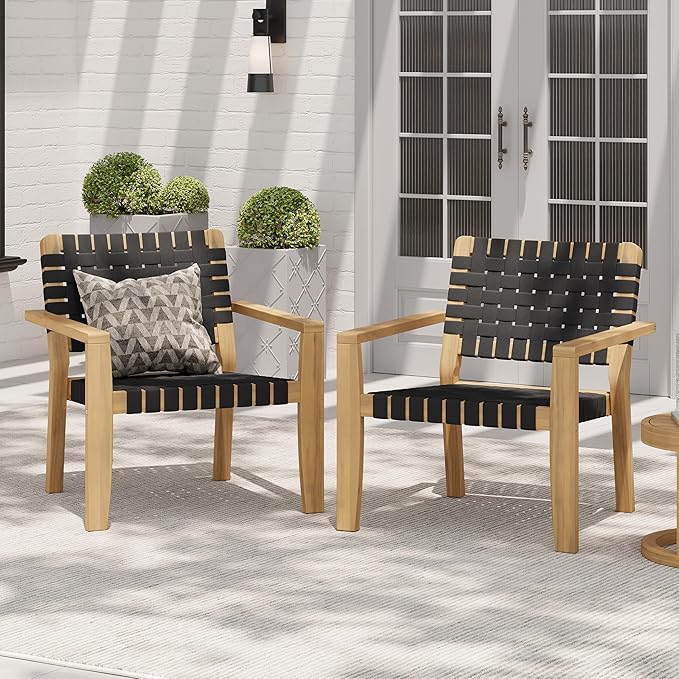 Christopher Knight Home Set of 2 Lena Patio Furniture Acacia Wood Armchair, Woven Rope Outdoor Club Chair, Deep Seating Porch Chairs for Garden, Backyard/Balcony, Light Teak Finish & Black