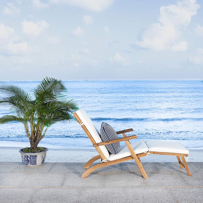 SAFAVIEH Outdoor Collection Palmdale Natural Brown Solid Wood/Beige Cushion with Striped Pillow Chaise Lounge Chair - Photo 10