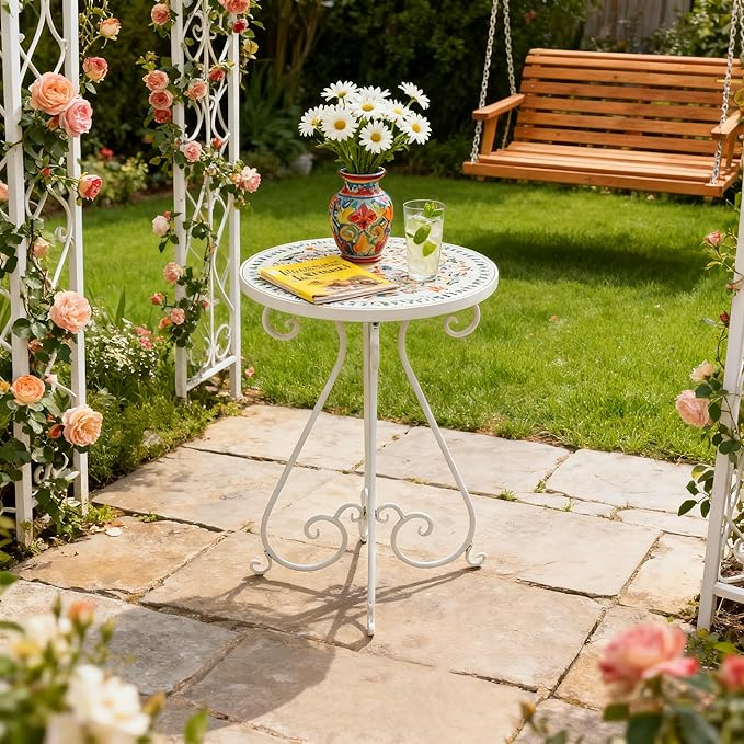 Outdoor Side Table & Mosaic Plant Stand, 14" Ceramic Tile Top Round End Table Accent Table, Indoor Outdoor Coffee Tea Table for Yard Porch Garden Patio