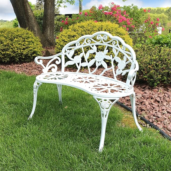Sunnydaze 2-Person Classic Rose Cast Aluminum White Outdoor Garden Bench - Photo 5