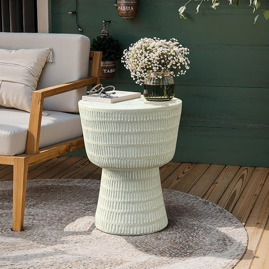 LuxenHome Outdoor Side Table, 15'' Off White Round Spiral Pattern Accent End Table, Indoor Outdoor Coffee Tables for Patio, Living Room, Backyard,Garden Stool and Plant Stand