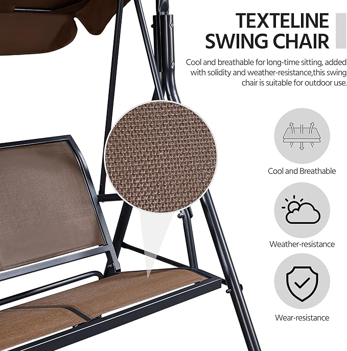 Yaheetech Outdoor Porch Swing Chair for Adults, 3-Seat Patio Hanging Swing w/Adjustable Canopy, Armrests - Photo 4