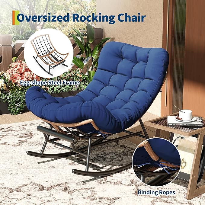 Outdoor Rocking Chair with Footrest, Oversized Patio Papasan Chairs with Cushion, Modern Lounge Rocker Chair for Indoor Living Room Garden Porch Balcony, Blue