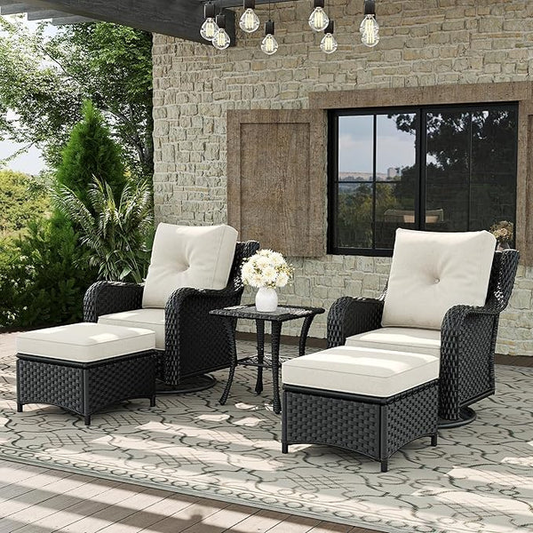 5 Piece Patio Furniture Set, All-Weather Wicker Outdoor Conversation Set with Swivel Rocking Chair and 6 Inch Thick - Photo 1