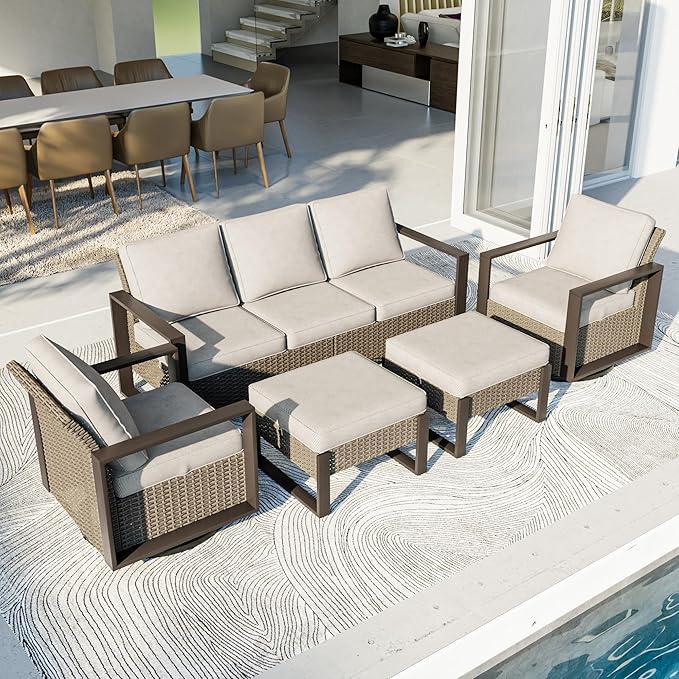 Outdoor Patio Furniture Set, 5 Piece Wicker Patio Conversation with Deep Seating, Thicken Cushions, Outdoor Swivel Rocker Patio Chairs, Metal Outdoor Furniture for Deck, Porch, Yard Use