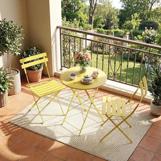 GarveeLife 3 Piece Outdoor Bistro Set, Metal Patio Furniture Set with 2 Chairs and 1 Table, Durable Steel Frame for Garden, Balcony, Porch, Backyard, Yellow