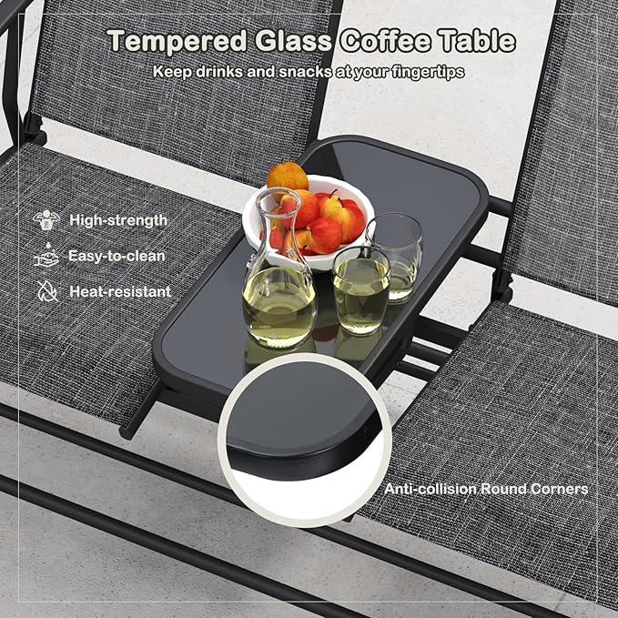 Tangkula 2 Person Swing Glider Chair, Patio Rocking Loveseat w/Center Tempered Glass Table - Photo 5