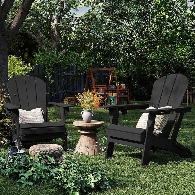 Foldable Adirondack Chair with Cup Holder-Heavy Duty Recycled HDPE Outdoor Patio Furniture, Weather Resistant Deck Lawn Fire Pit Chair (Black, 4 Chair)