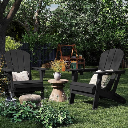 Foldable Adirondack Chair with Cup Holder-Heavy Duty Recycled HDPE Outdoor Patio Furniture, Weather Resistant Deck Lawn Fire Pit Chair (Black, 1 Chair)