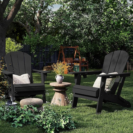 Foldable Adirondack Chair with Cup Holder-Heavy Duty Recycled HDPE Outdoor Patio Furniture, Weather Resistant Deck Lawn Fire Pit Chair (Black, 1 Chair)